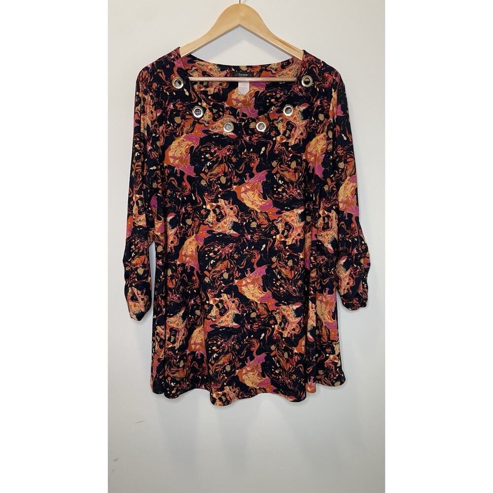 Cocomo Abstract Art to Wear Grommet Neckline Ruched 3/4 Sleeve Blouse Fall 2X